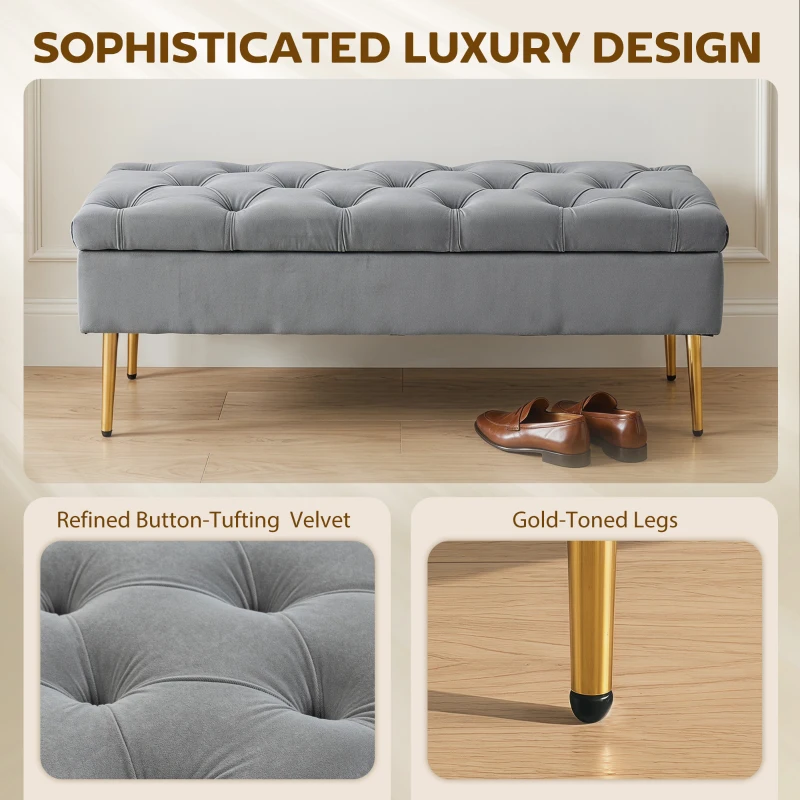 HOMCOM Upholstered Bedroom Bench with Gold Tone Metal Legs, Velvet Tufted and Thick Padding, Grey