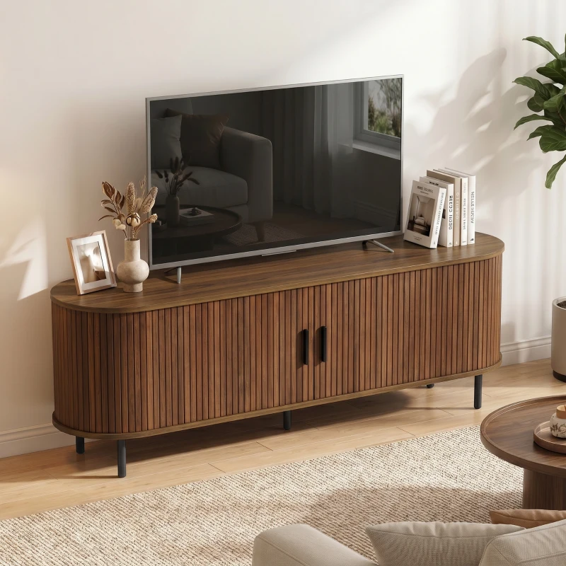 HOMCOM TV Stand for TVs up to 60", Modern Entertainment Center with Curved Sliding Doors, Walnut Brown