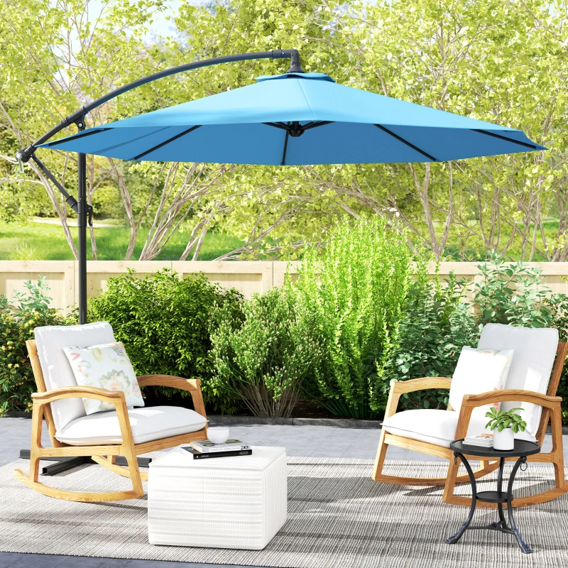 Outsunny 10' Deluxe Patio Umbrella, Outdoor Market Parasol, Banana Hanging Offset Sunshade with Crank, Cross Base, Blue