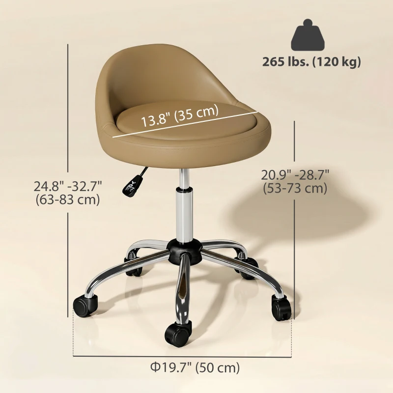 HOMCOM Salon Stool, Adjustable Rolling Stool, Light Brown