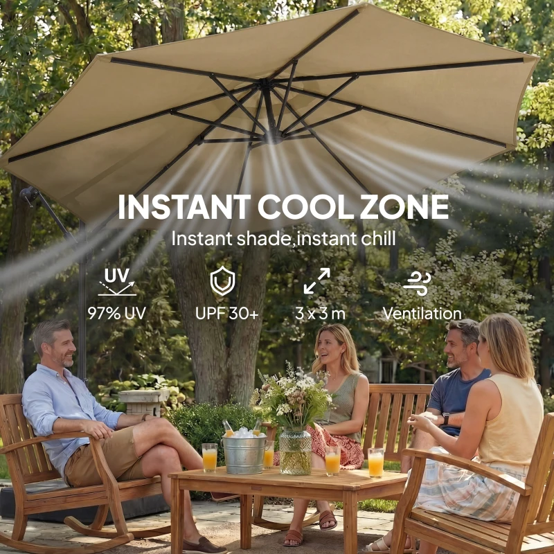 Outsunny 9.6 ft Offset Patio Umbrella with Sandbag, Garden Hanging Banana Cantilever Parasol with 360° Rotation, Khaki