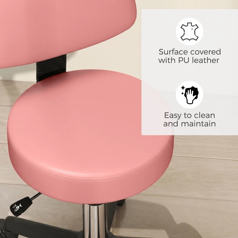 HOMCOM Rolling Stool with Wheels, Swivel Stool with Back Support, Adjustable Height, PU Leather Swivel Chair, Pink