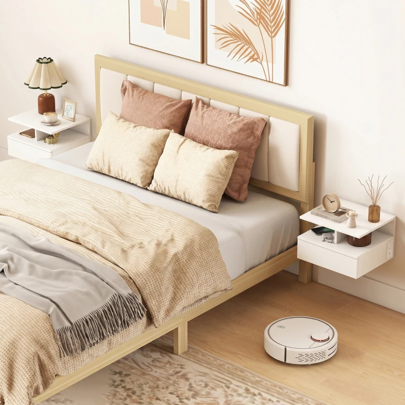 HOMCOM Floating Nightstand Set of 2, Wall Mounted Bedside Table with with Power Outlets, Drawer and Shelf, White