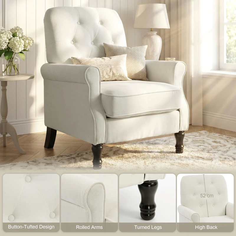 HOMCOM Accent Chair, Mid-Century Modern Armchair with Thick Padded Seat, Spring Cushion, Solid Wood Legs, Cream White