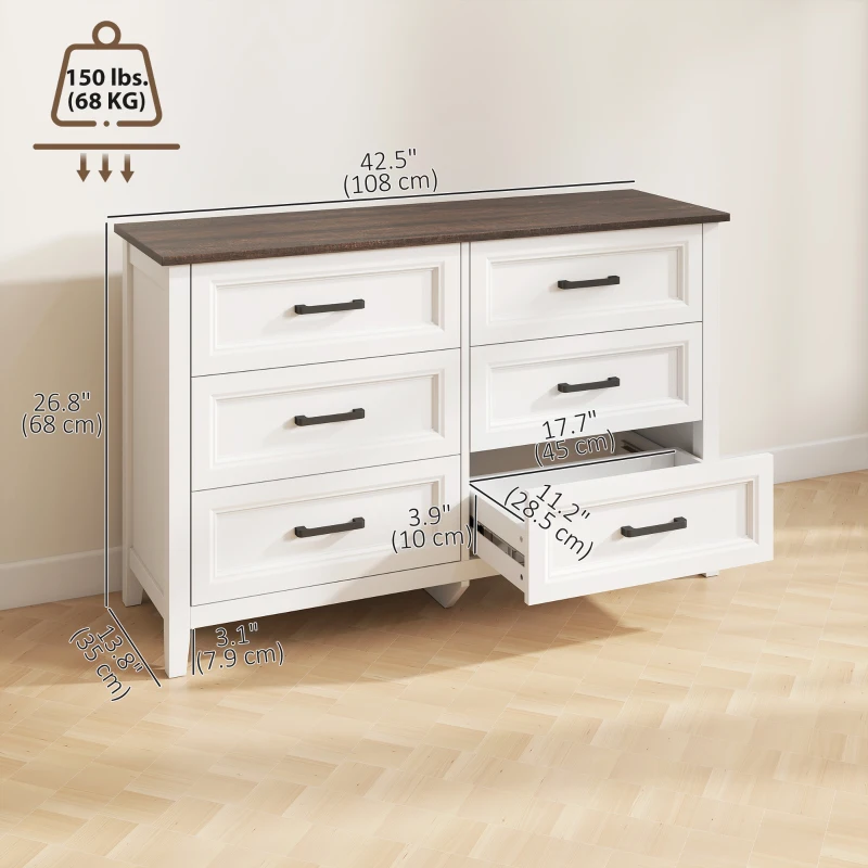 HOMCOM Wide Dresser for Bedroom with 6 Drawers Storage Chest of Drawers for Living Room, Closet, Laundry, Entryway
