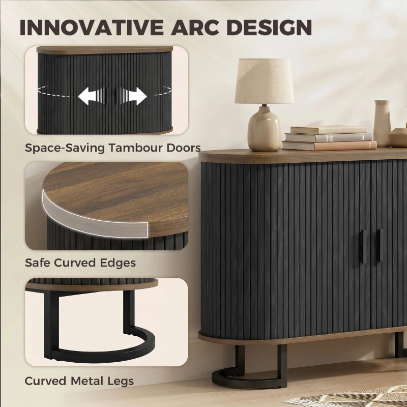 HOMCOM Sideboard Buffet Cabinet with Curved Tambour Doors, Thick Tabletop and Arc Metal Legs Brown and Black