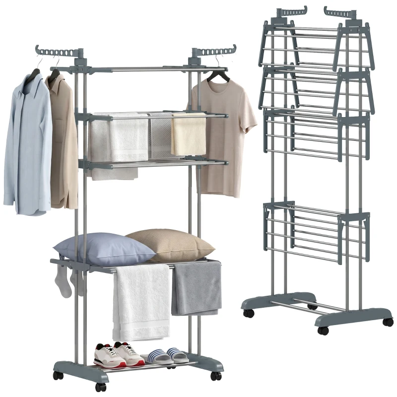 HOMCOM 5-Tier Clothes Drying Rack, Foldable Laundry Drying Rack with Wheels, Side Wings, Grey