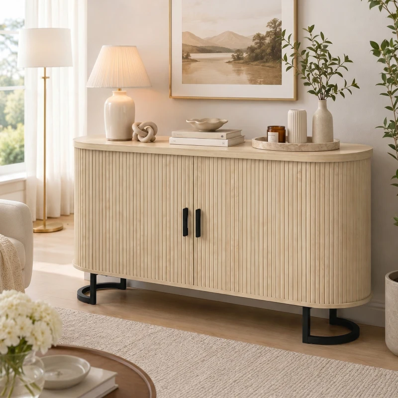 HOMCOM Fluted Sideboard Buffet Cabinet, 55" Modern Coffee Bar Cabinet with Sliding Doors and Adjustable Shelves, Natural