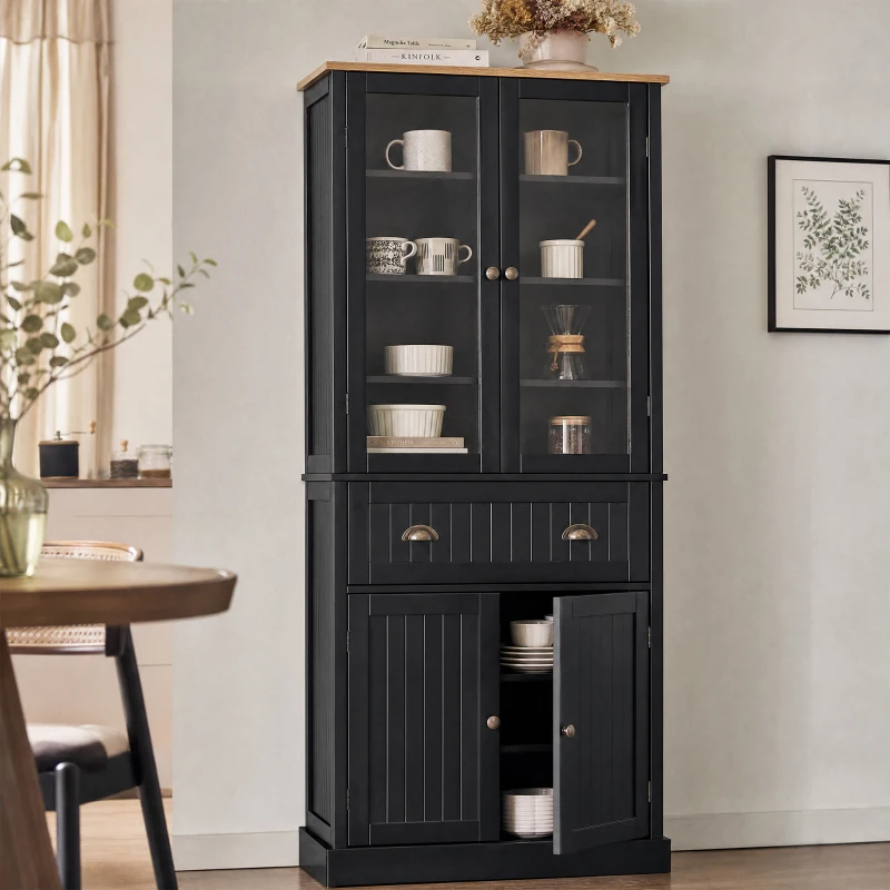 HOMCOM 72" Freestanding Kitchen Pantry Cabinet, Tall Storage Cabinet with Glass Doors, Drawer and Adjustable Shelves for Dining Room, Black