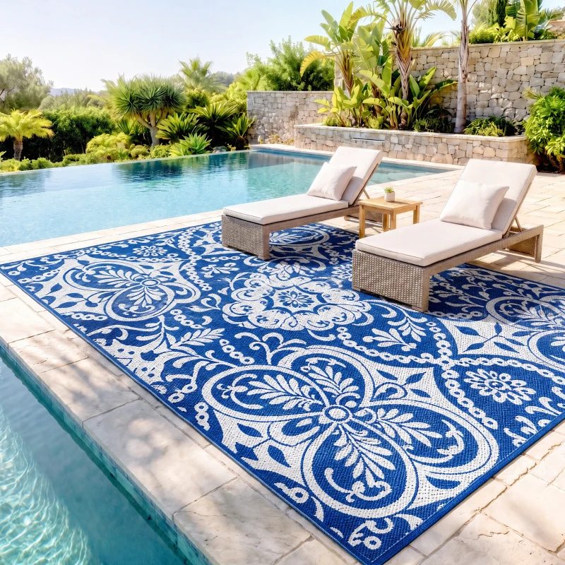 Outsunny Outdoor Rug for Patio, 9' x 12' Waterproof Large Mat, Reversible Plastic Straw Rug for Decor, Portable Outside RV Camping Area Carpet Mat for Backyard Porch Deck Picnic, Blue & White Floral