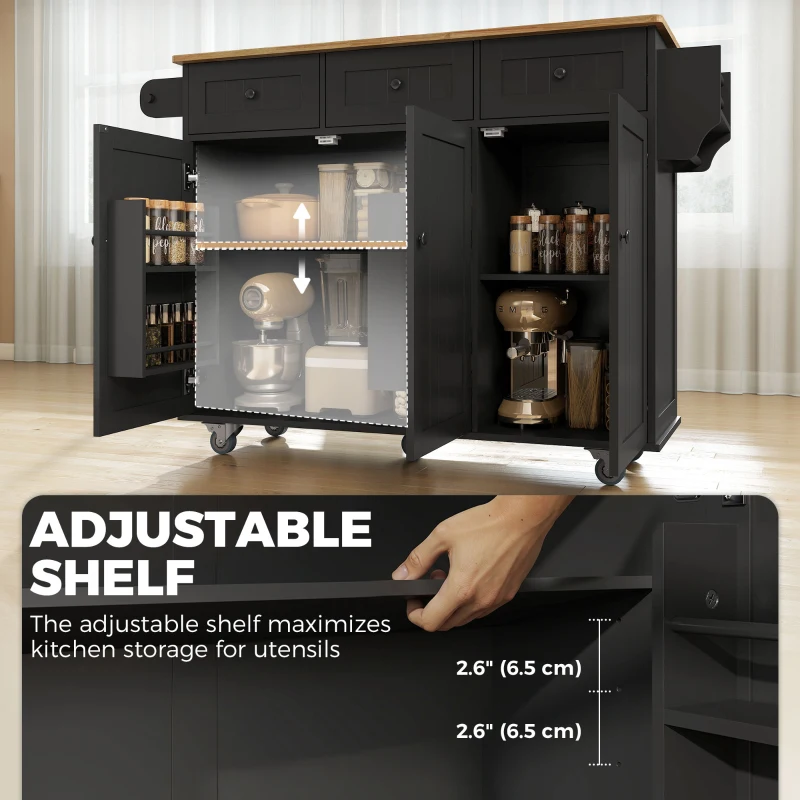 HOMCOM Kitchen Island on Wheels with Drop Leaf, Charging Station, Rolling Kitchen Cart with Wood Top, Adjustable Shelf, Black