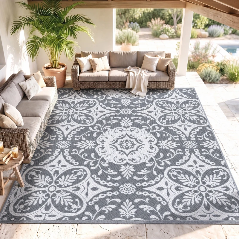 Outsunny Portable Outdoor Rug with Carry Bag, 9' x 12' Reversible Mat, Waterproof Plastic Straw RV Rug for Backyard, Deck, Picnic, Beach, Camping, Gray & White Flower