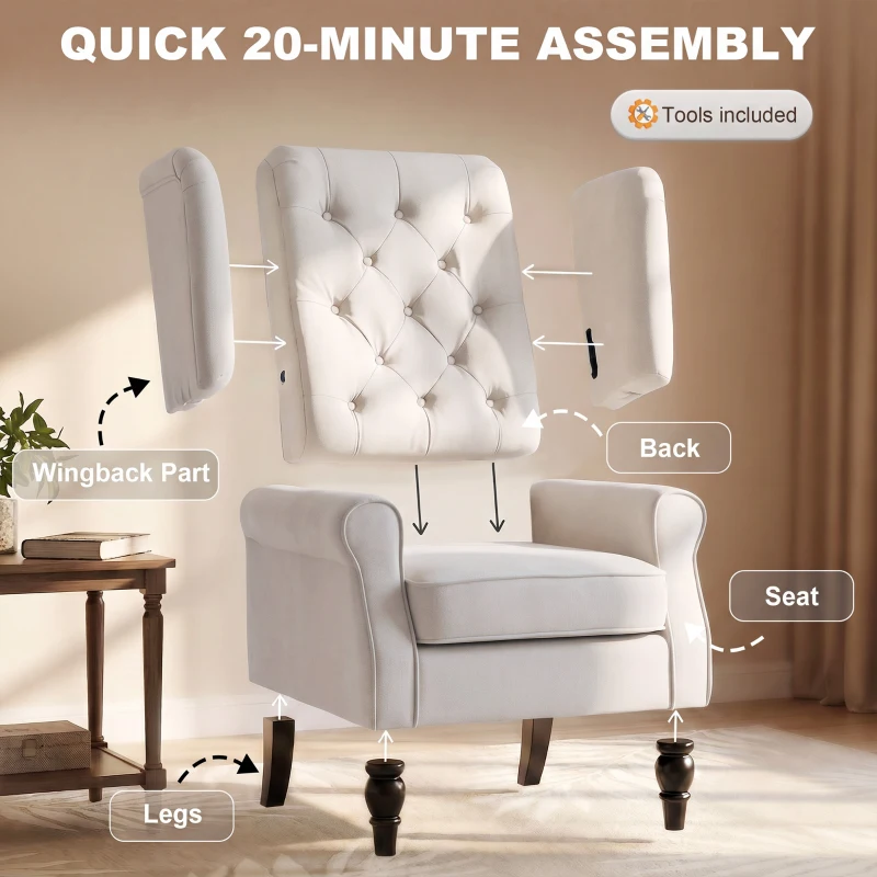 HOMCOM Button-Tufted Accent Chair with High Wingback, Rounded Cushioned Armrests and Thick Padded Seat, Cream White