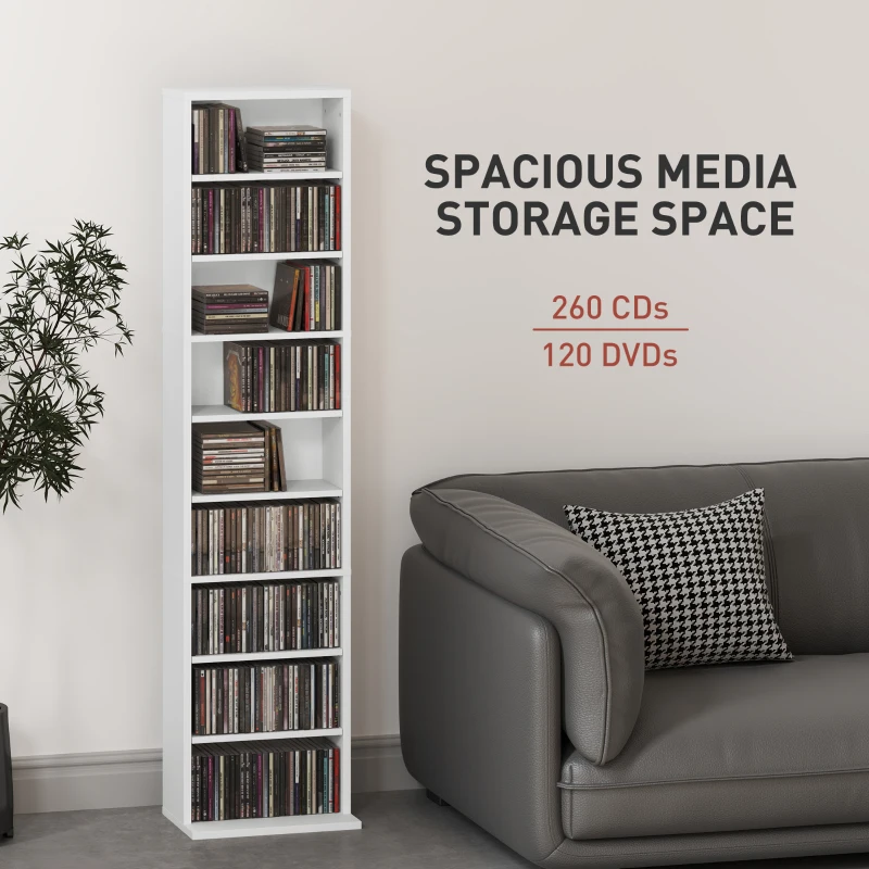 HOMCOM Media Storage Cabinet, 9-Tier Tall Narrow DVD Shelf with 6 Adjustable Shelves, White