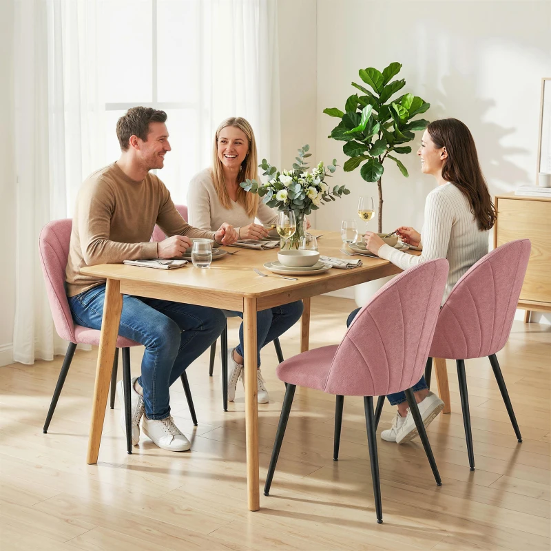 HOMCOM Modern Dining Chairs Set of 4, Upholstered Dining Room Chairs with Metal Legs, Shell Backrest, Padded Seat, Pink