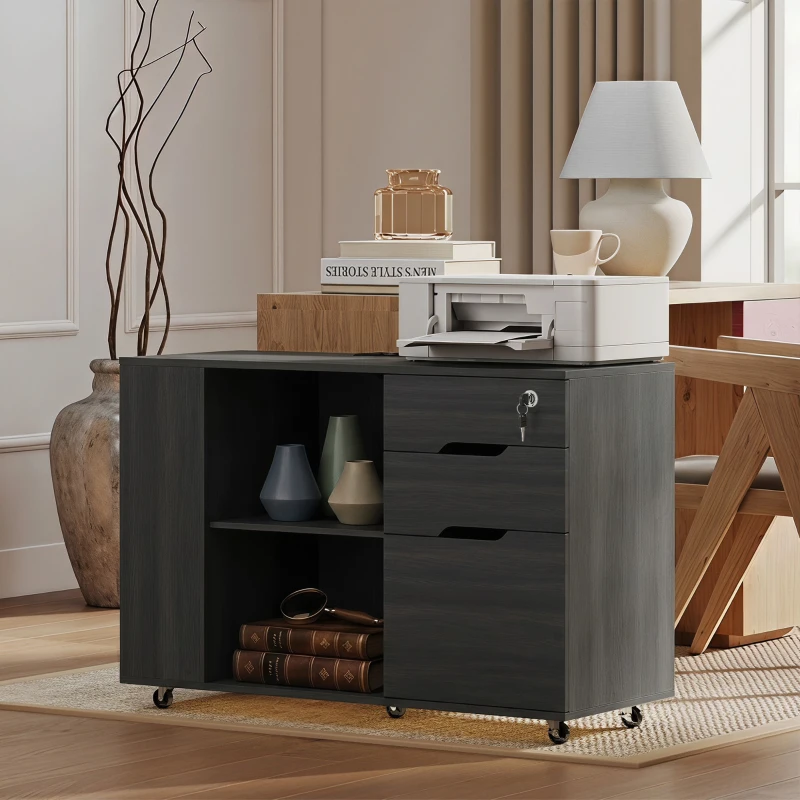 HOMCOM Filing Cabinet with Power Outlets File Cabinet Lockable Casters File Drawer Side Cubbies Black Wood Grain