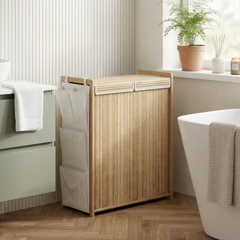 HOMCOM Bamboo Laundry Hamper with Removable Drawstring Bag and Side Storage Pockets, 32 Gal, Natural