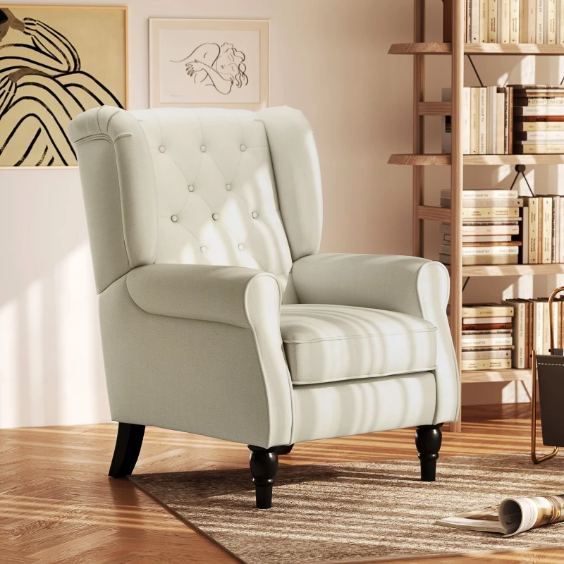 HOMCOM Button-Tufted Accent Chair with High Wingback, Rounded Cushioned Armrests and Thick Padded Seat, Cream White