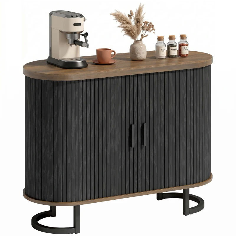 HOMCOM Sideboard Buffet Cabinet with Curved Tambour Doors, Thick Tabletop and Arc Metal Legs Brown and Black