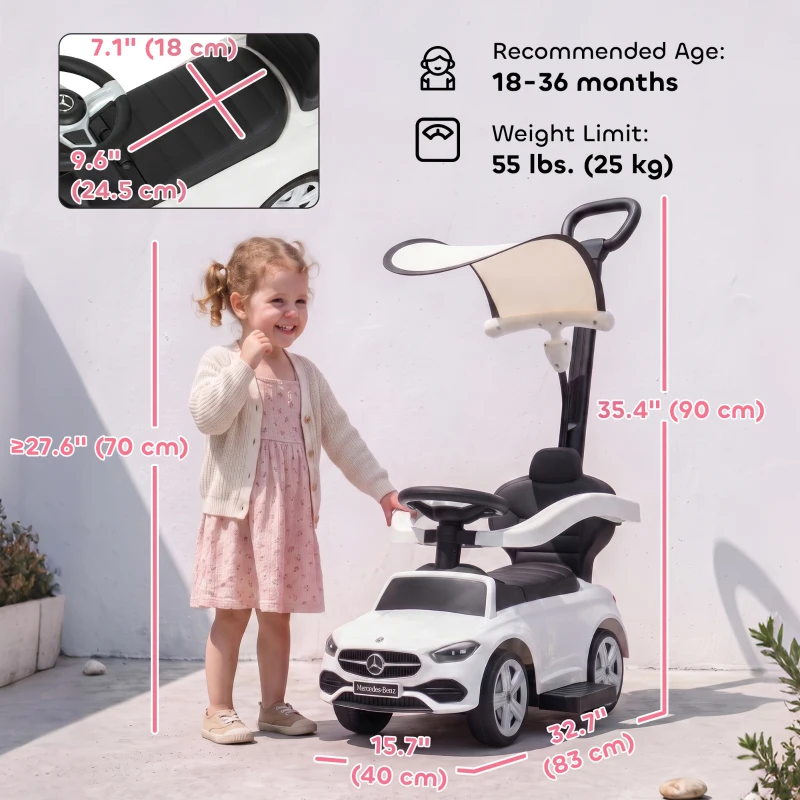 Qaba 3 in 1 Toddler Push Car Licensed Mercedes-Benz with Push Handle, Canopy, Guardrails, Horn, Music for 18-36 Months, White
