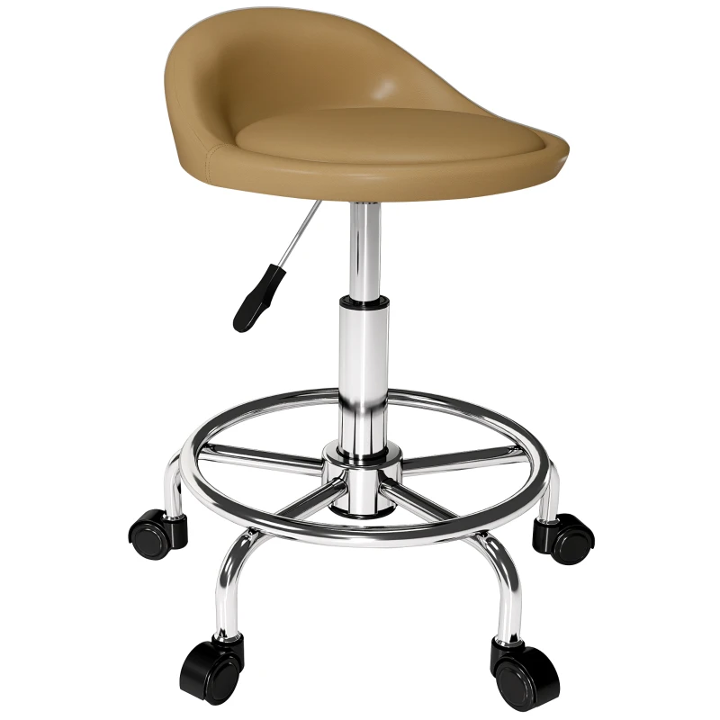 HOMCOM PU Leather Rolling Stool, Height Adjustable Swivel Salon Chair with Backrest and Foot Rest for Spa, Tattoo, Light Brown