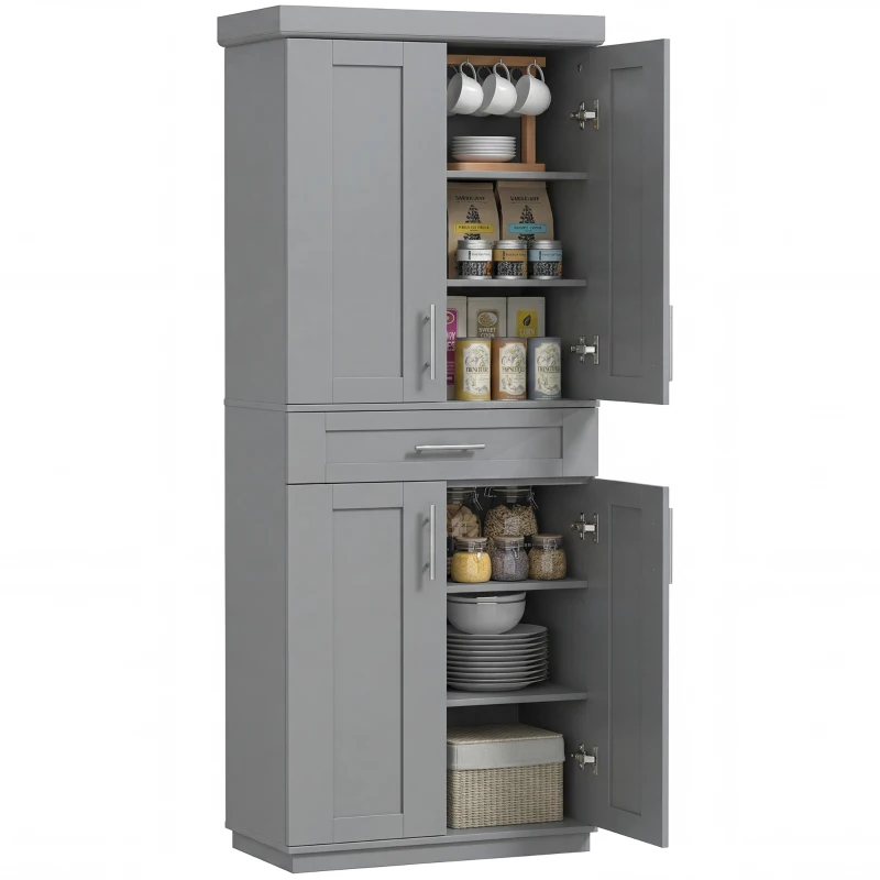 HOMCOM 72" Storage Cabinet, Freestanding Kitchen Pantry Cabinet with 4 Doors, Drawer and 3 Adjustable Shelves, Grey