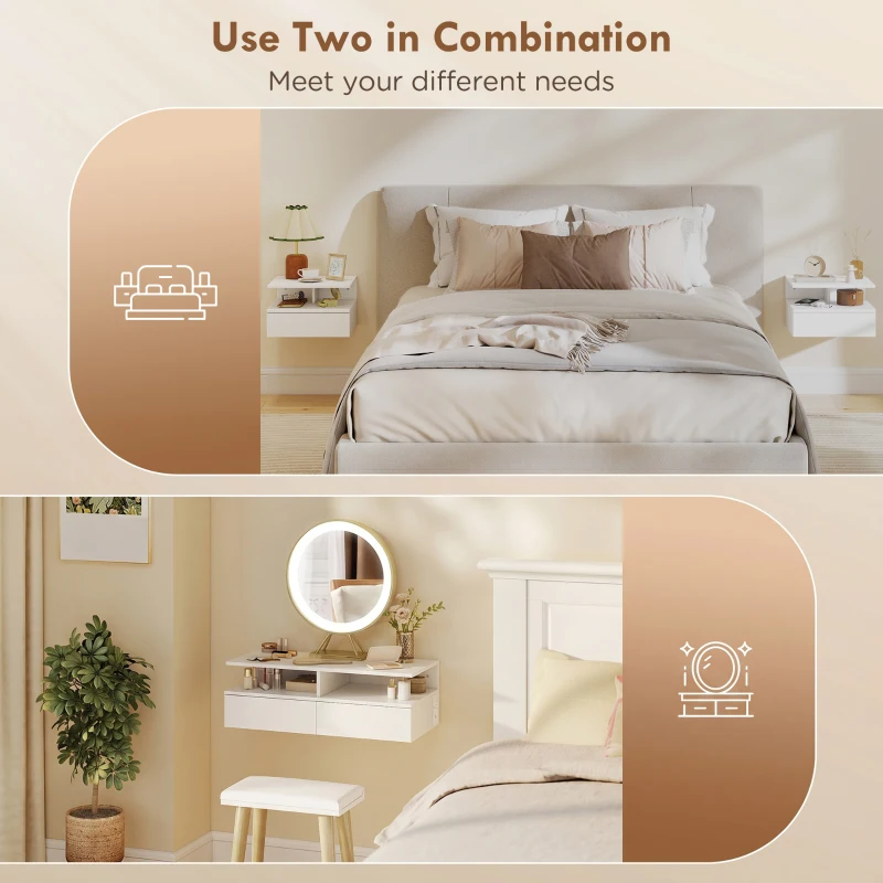 HOMCOM Floating Nightstand Set of 2, Wall Mounted Bedside Table with with Power Outlets, Drawer and Shelf, White