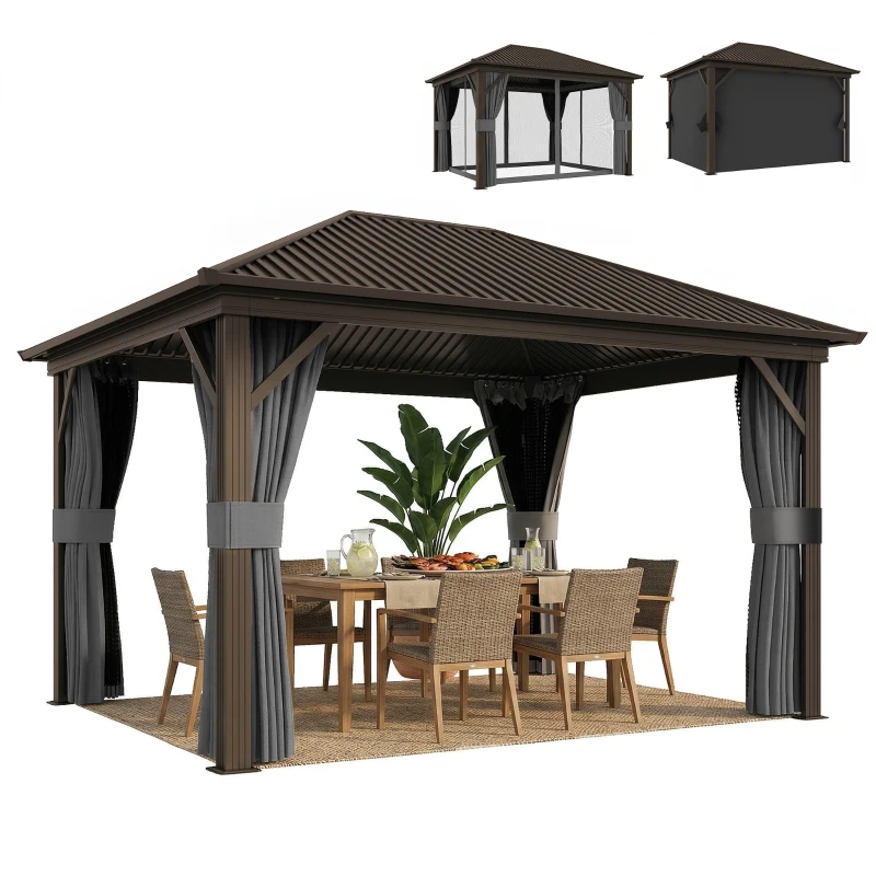 Outsunny 10' x 12' Outdoor Hardtop Gazebo Metal Roof Patio Gazebo with Aluminum Frame, Mesh Nettings, Dark Grey
