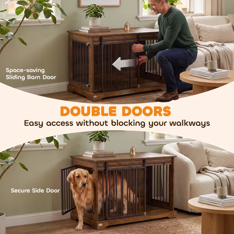 PawHut 100 cm Dog Crate Furniture with Sliding Barn Door for Large Breeds, Rustic Brown