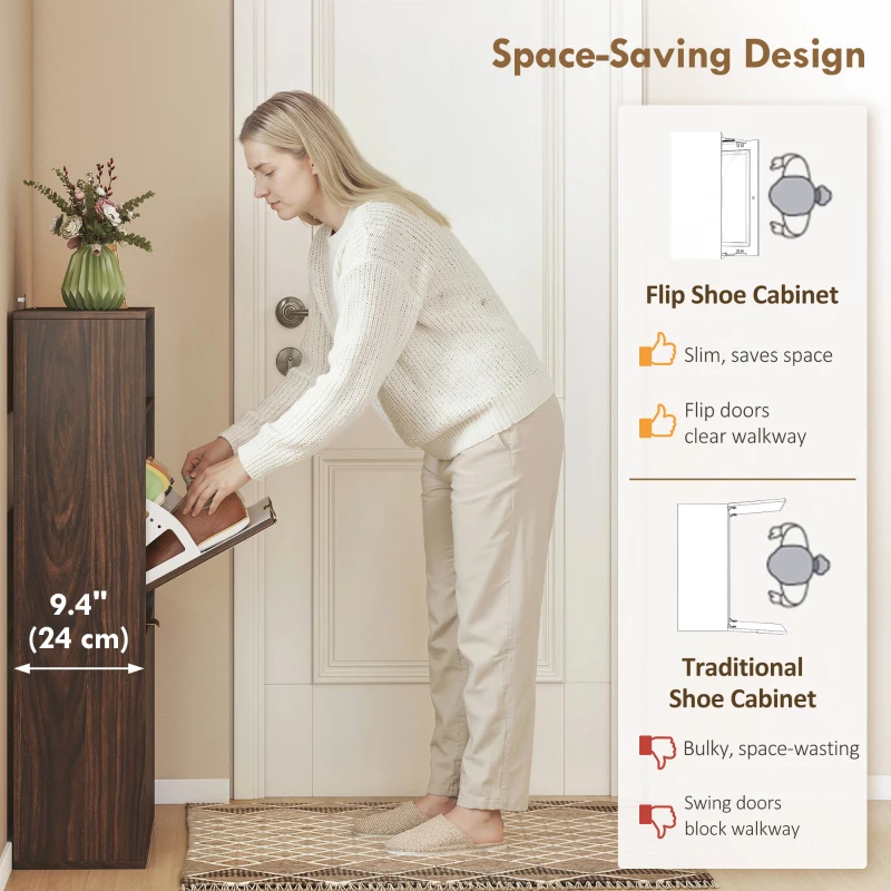 HOMCOM Shoe Cabinet with 2 Flip Drawers Narrow Shoe Storage Cabinet with Top Shelf for Entryway Hallway Coffee