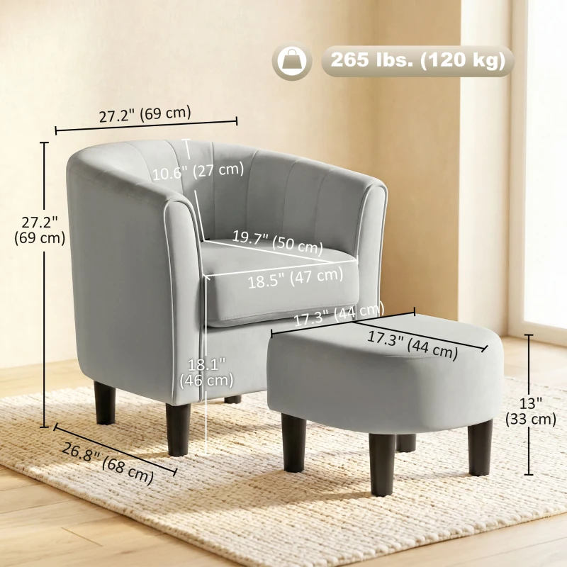 HOMCOM Accent Chair Modern Upholstered Living Room Chair with Ottoman and Pocket Spring Cushion Grey