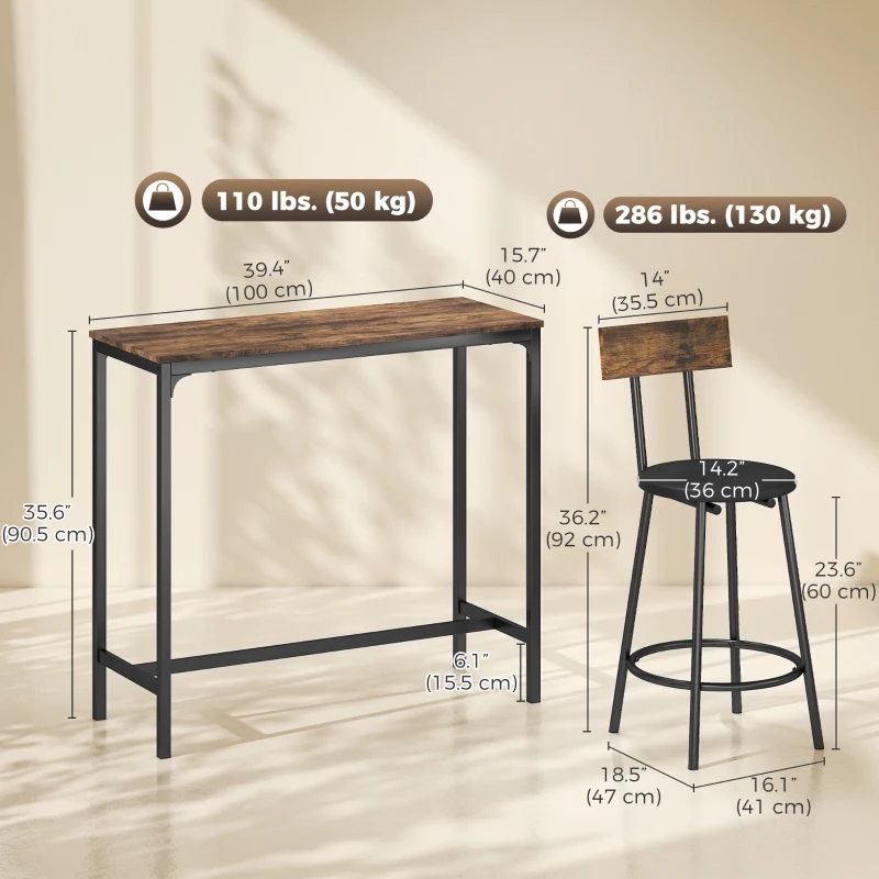 HOMCOM Bar Table Set Counter Height Barstools Set of 2 PU Cushioned Seats Rustic Brown