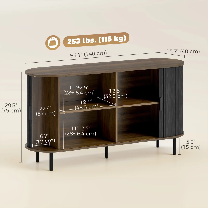 HOMCOM Fluted Sideboard Buffet Cabinet, 55" Mid Century Coffee Bar Cabinet with Sliding Doors and Adjustable Shelves, Black