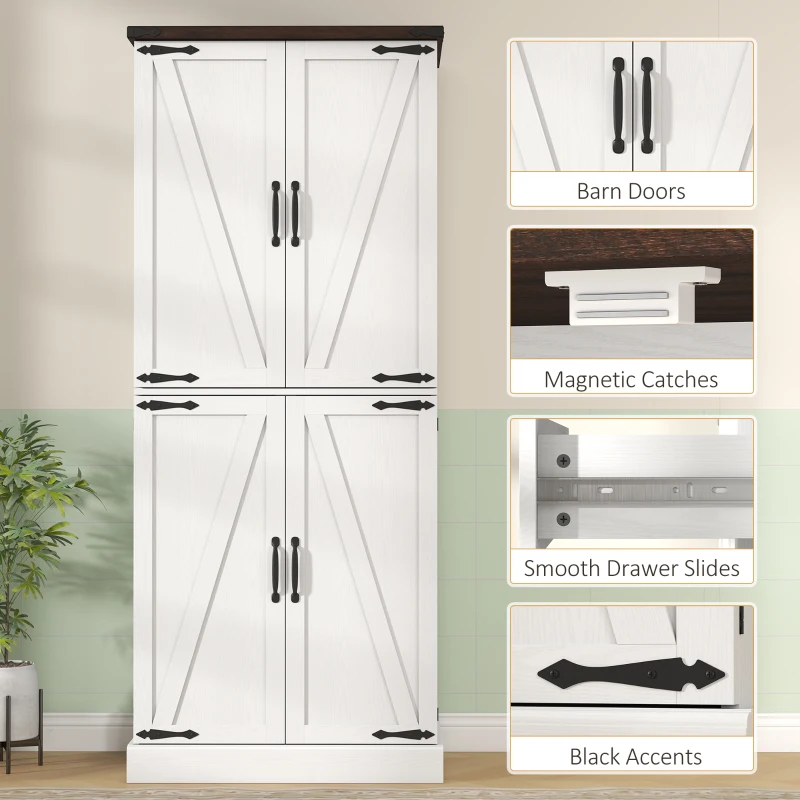 HOMCOM 72" Tall Kitchen Pantry Cabinet, Farmhouse Storage Cabinet with 8 Door Racks and Adjustable Shelves, White