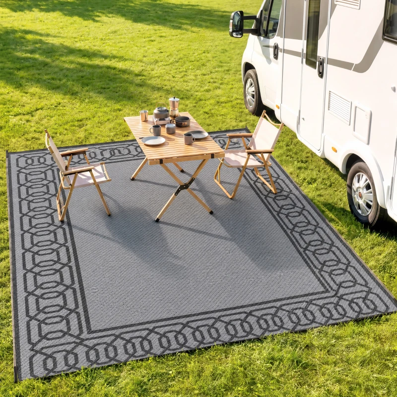 Outsunny Outdoor Rug for Patio, 9' x 12' Waterproof Large Mat, Reversible Plastic Straw Rug for Decor, Portable Outside RV Camping Area Carpet Mat for Backyard Porch Deck Picnic, Black & Gray Border