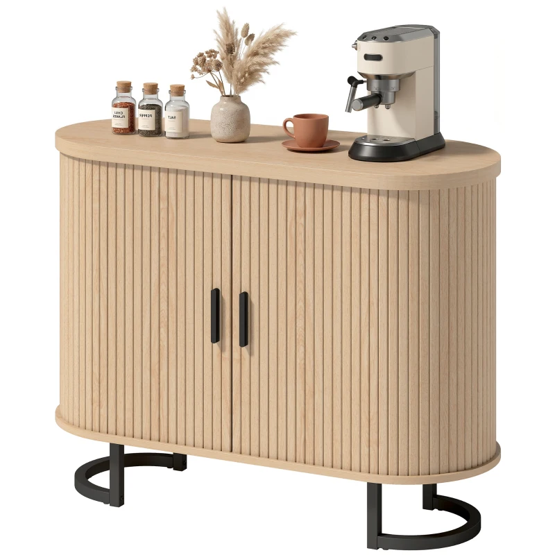 HOMCOM Sideboard Buffet Cabinet with Curved Tambour Doors, Thick Tabletop and Arc Metal Legs Natural Wood