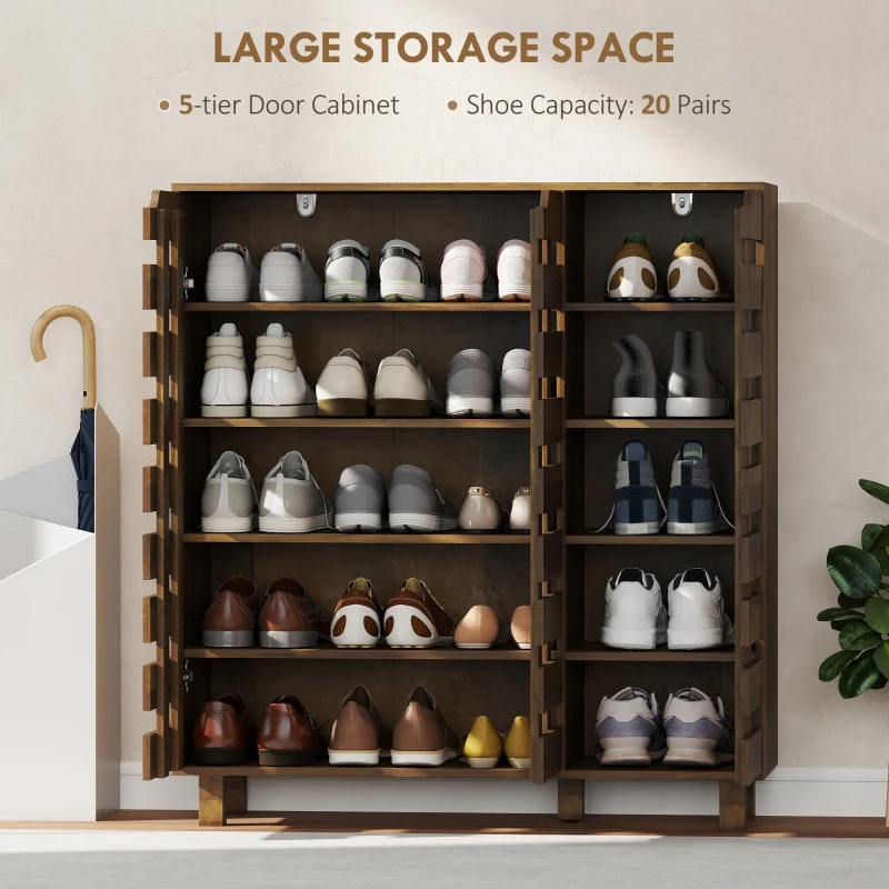 HOMCOM Shoe Cabinet, 17-20 Pairs Shoe Storage Cabinet with Hollowed-Out Doors, Distressed Brown