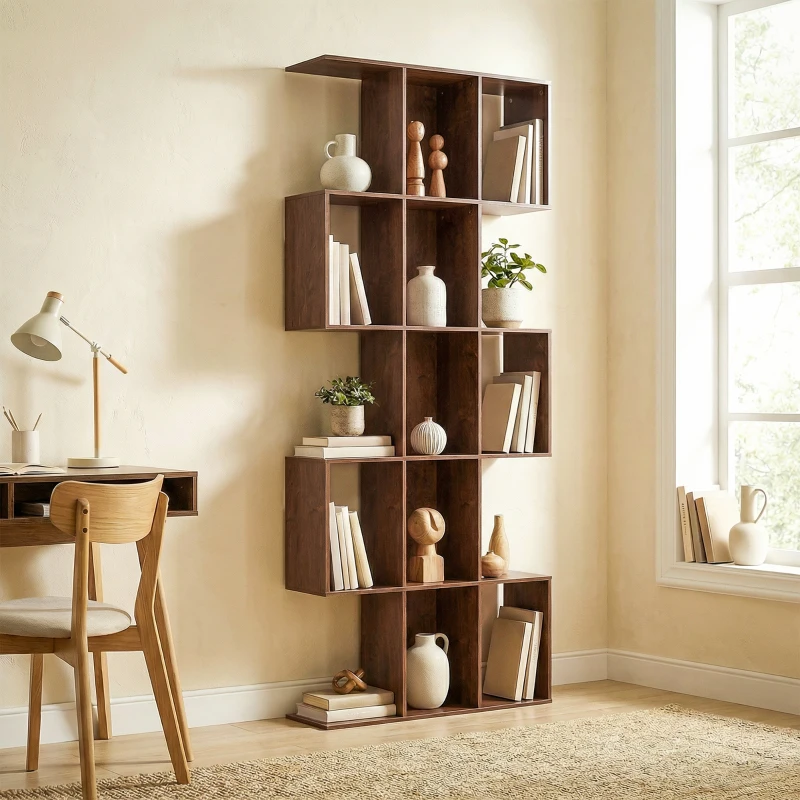 HOMCOM 5-Tier Bookshelf, S Shaped Geometric Bookcase with 15 Compartments, Brown Wood Grain