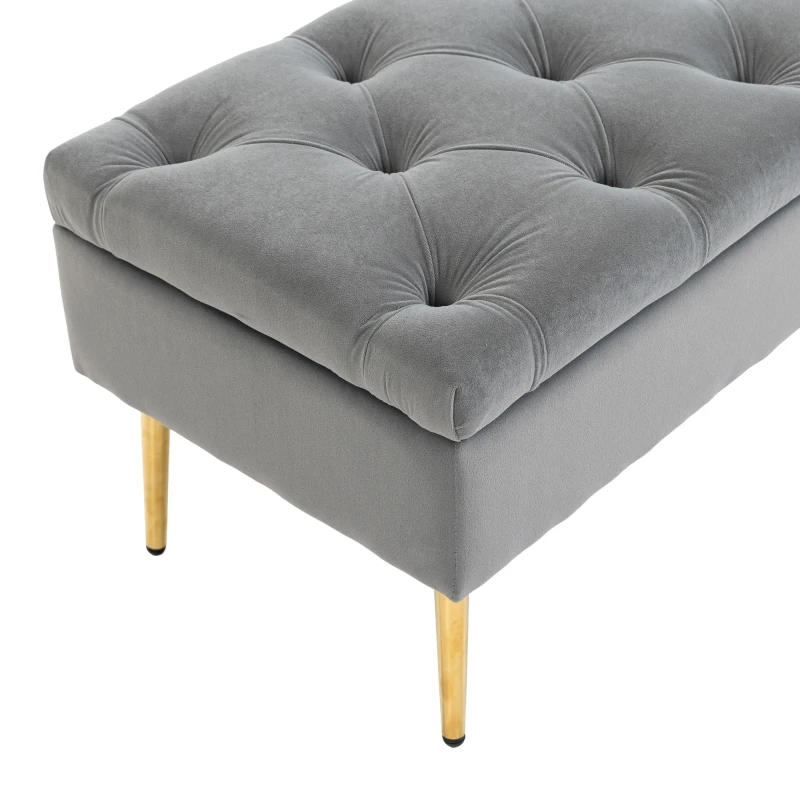 HOMCOM Upholstered Bedroom Bench with Gold Tone Metal Legs, Velvet Tufted and Thick Padding, Grey