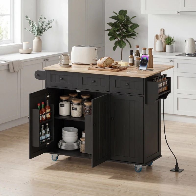 HOMCOM Kitchen Island on Wheels with Drop Leaf, Charging Station, Rolling Kitchen Cart with Wood Top, Adjustable Shelf, Black