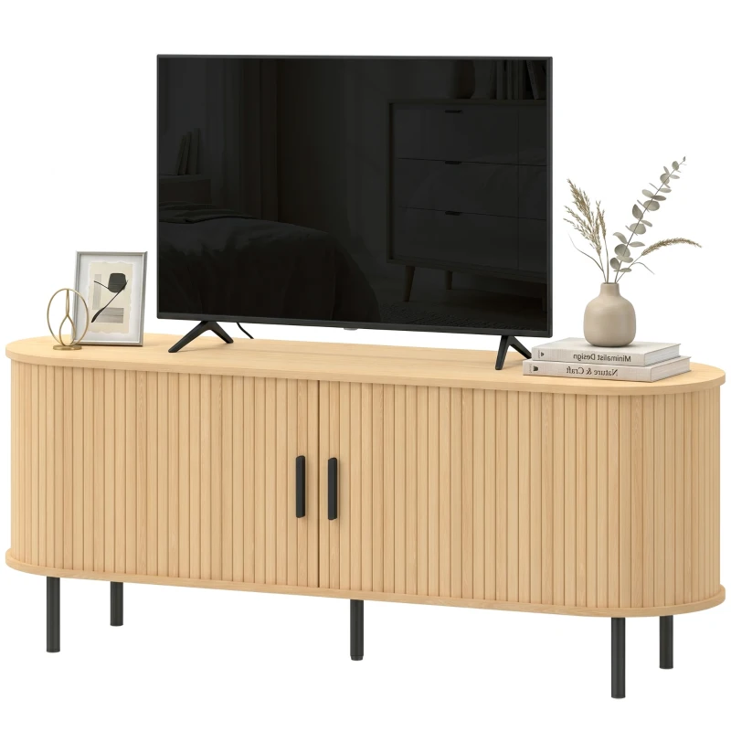 HOMCOM TV Stand for TVs up to 60", Modern Entertainment Center with Curved Sliding Doors, Natural Wood