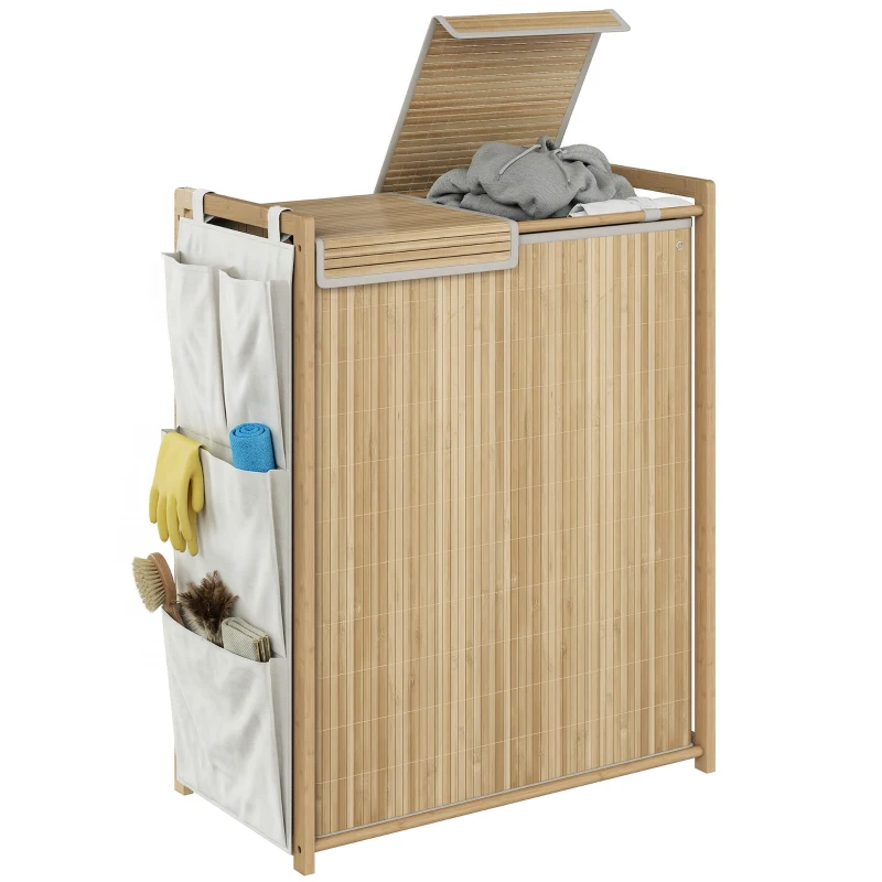 HOMCOM Bamboo Laundry Hamper with Removable Drawstring Bag and Side Storage Pockets, 32 Gal, Natural