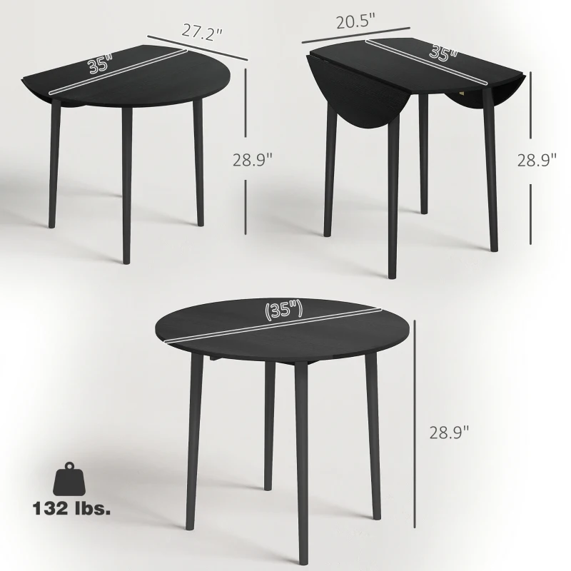 HOMCOM Folding Dining Table, Round Drop Leaf Kitchen Table for Small Spaces with Wood Legs, Black