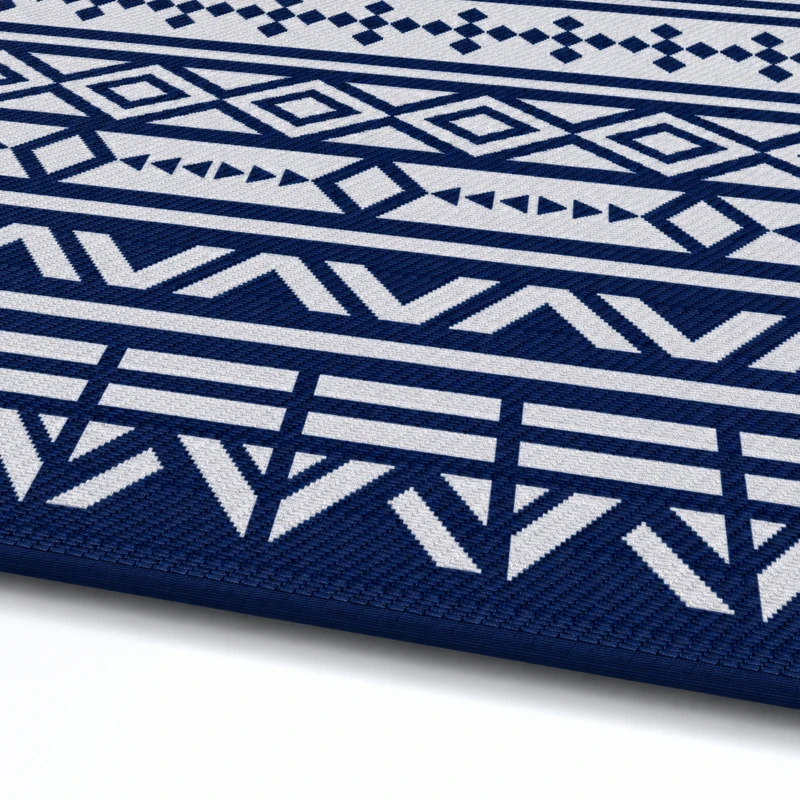 Outsunny 9' x 18' Outdoor RV Rug, Reversible Patio Floor Mat with Carry Bag, Geometric Wall, Blue and White