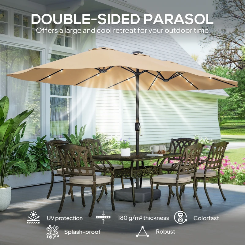 Outsunny Double-sided Patio Umbrella with Base Included & 48 LED Lights 15ft Khaki