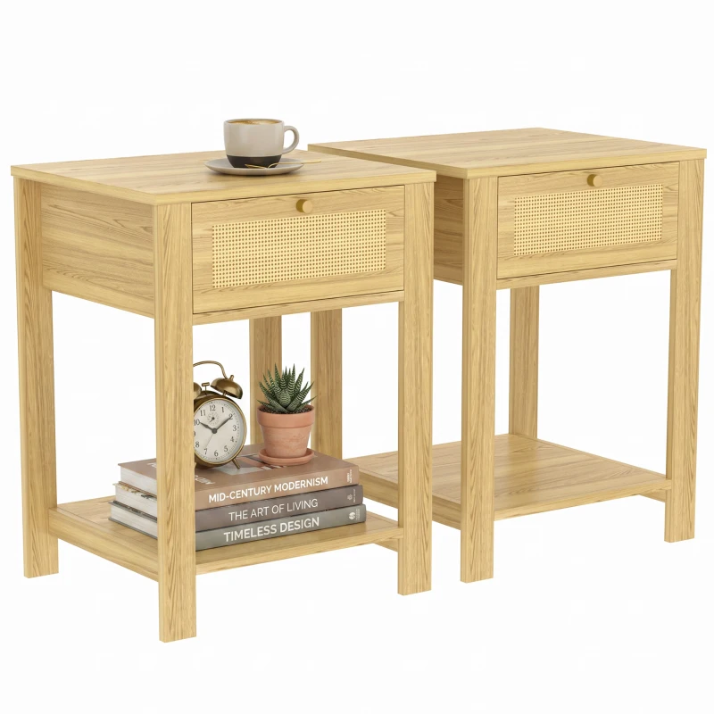 HOMCOM Boho Side Tables Set of 2, End Tables with Drawer and Open Shelf for Living Room, Natural Wood