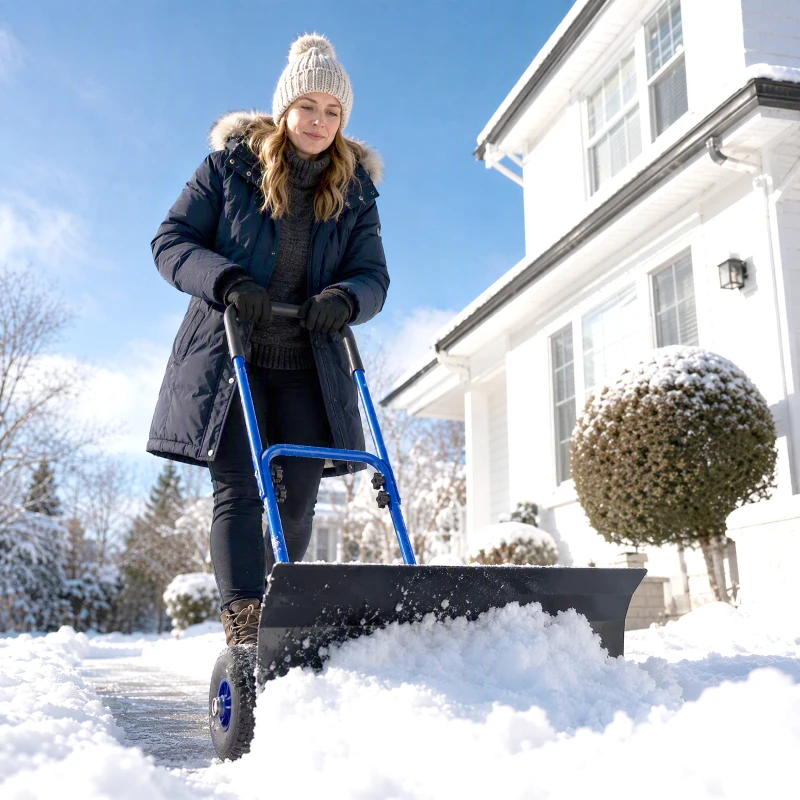 Outsunny Snow Shovel with Wheels, 29" x 16.5" Metal Snow Pusher with Adjustable Handle, 5-Angle Blade for Driveway, Blue