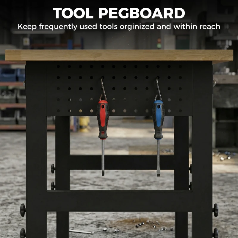 HOMCOM 48" Adjustable Workbench, Heavy Duty Work Table with Rubber Wood Top, Power Outlets, Pegboard, 2000 LBS Capacity