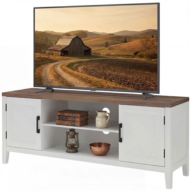HOMCOM TV Stand for TVs up to 55 Inch, Entertainment Center with 2 Open Shelves, 2 Cabinets, Thick Top, White and Brown