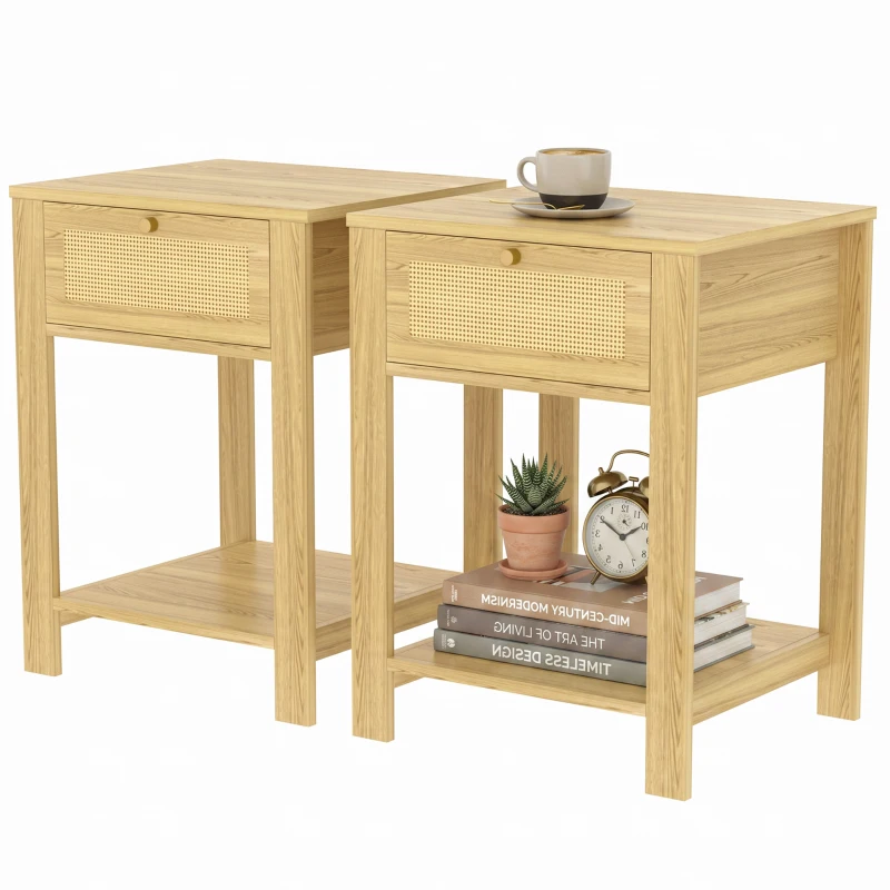 HOMCOM Boho Side Tables Set of 2, End Tables with Drawer and Open Shelf for Living Room, Natural Wood